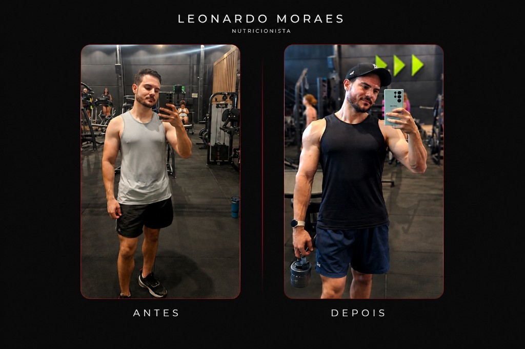 Antes e depois — evolução muscular de paciente do Leonardo Moraes