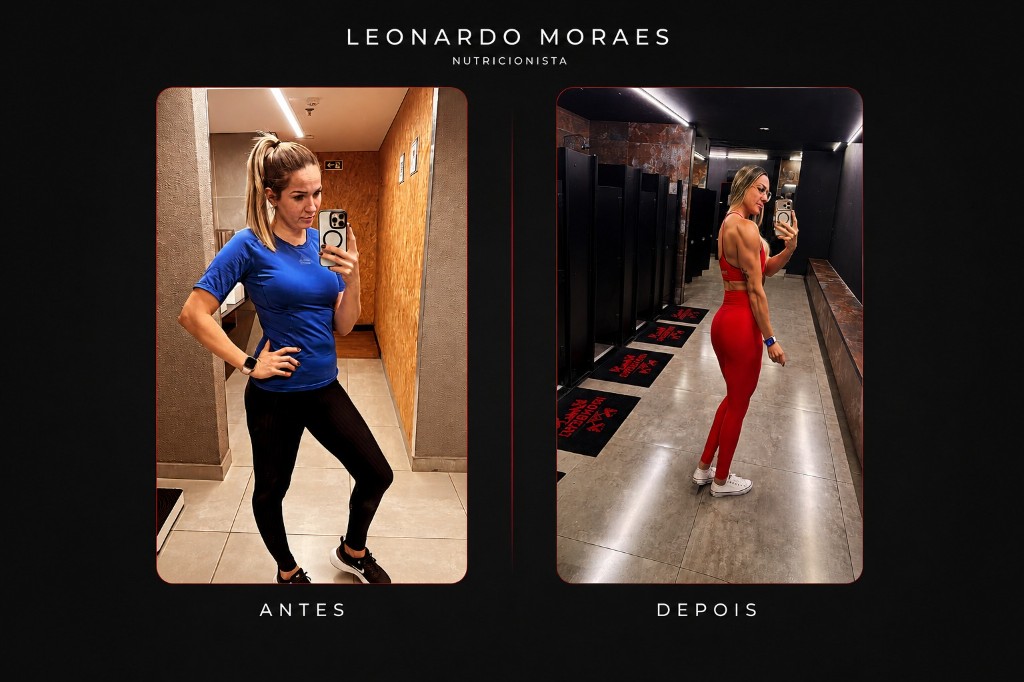 Antes e depois — resultado de consultoria nutricional com Leonardo Moraes